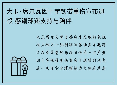 大卫·席尔瓦因十字韧带重伤宣布退役 感谢球迷支持与陪伴