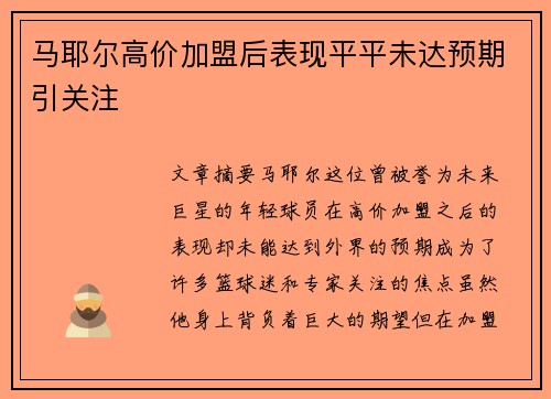 马耶尔高价加盟后表现平平未达预期引关注